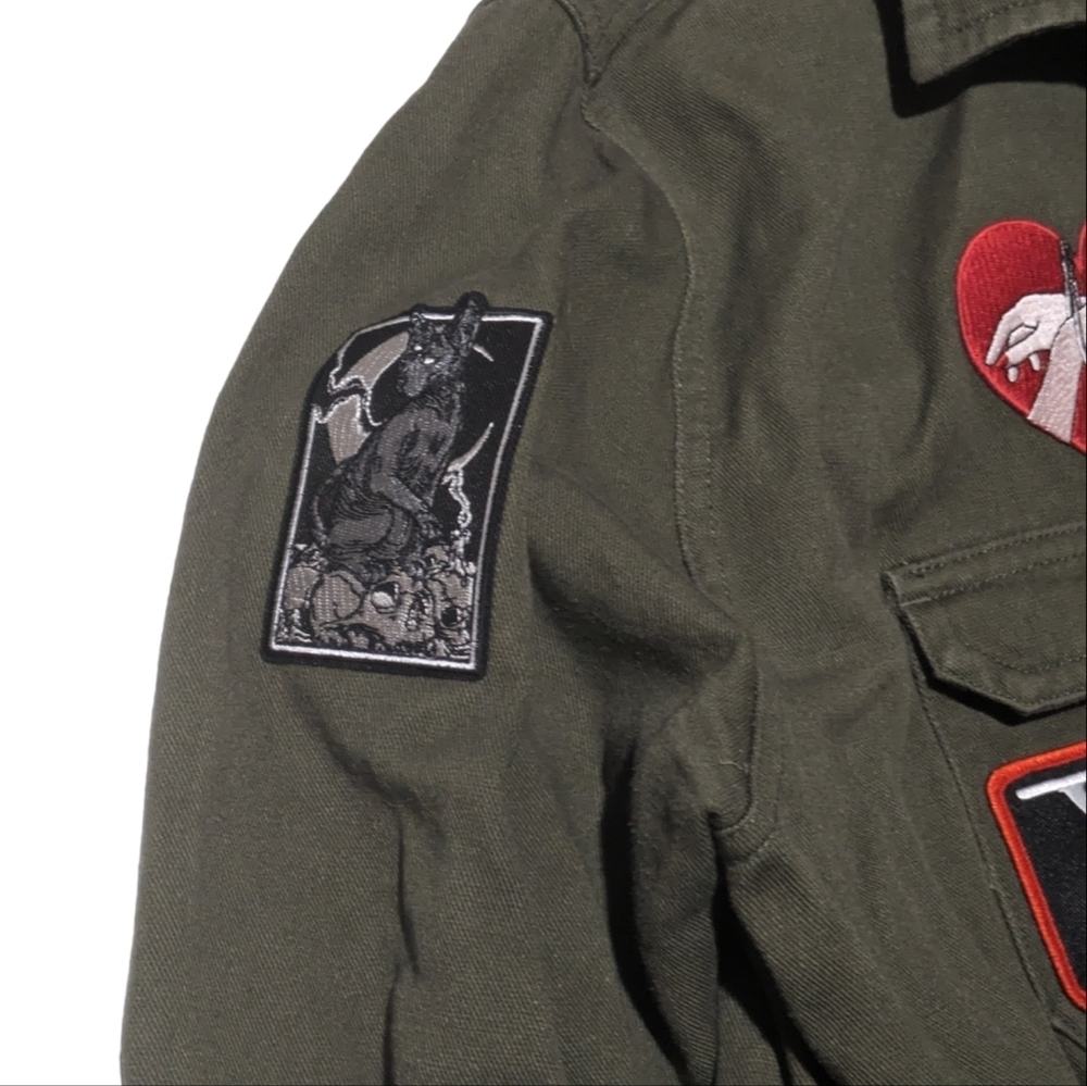 Gypsy Warrior Army Green Patch Jacket Military Utility Grunge Festival Large - Picture 2 of 8